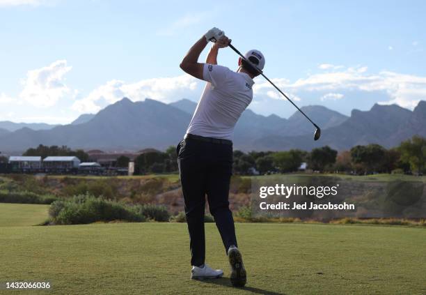 Patrick Cantlay plays his shot from the 18th tee during the final round of the Shriners Children's Open at TPC Summerlin on October 09, 2022 in Las...