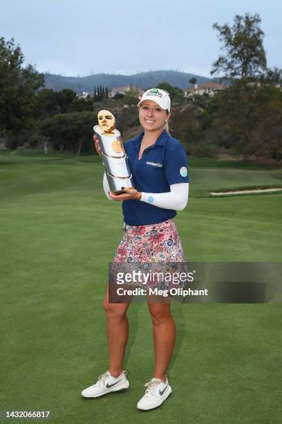 Jodi Ewart Shadoff of England poses with the trophy after winning the LPGA MEDIHEAL Championship at The Saticoy Club on October 09, 2022 in Somis,...