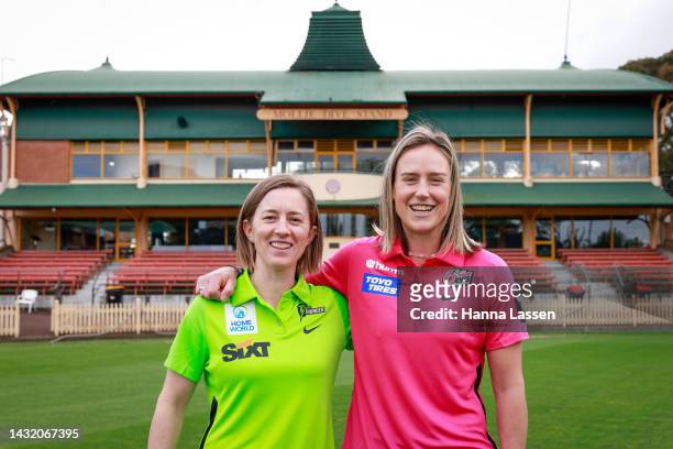 Rachael Haynes of the Thunder and Ellyse Perry of the Sixers pose during the Women's Big Bash League Cricket Season Launch at North Sydney Oval on...