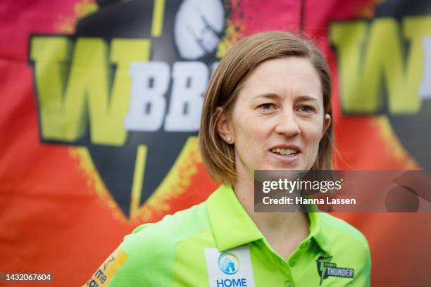 Rachael Haynes of the Thunder speaks to the media during the Women's Big Bash League Cricket Season Launch at North Sydney Oval on October 10, 2022...