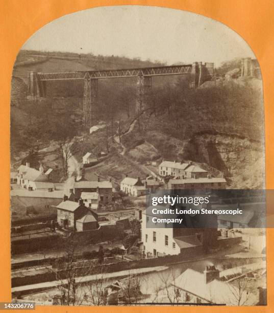 Stereoscopic image of the Crumlin Viaduct during its construction over the village of Crumlin in South Wales, 1856. Pictured is the Kendon Valley...