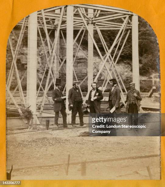 Stereoscopic image of a pier of the Crumlin Viaduct, during its construction over the village of Crumlin in South Wales, 1856. In the centre is...