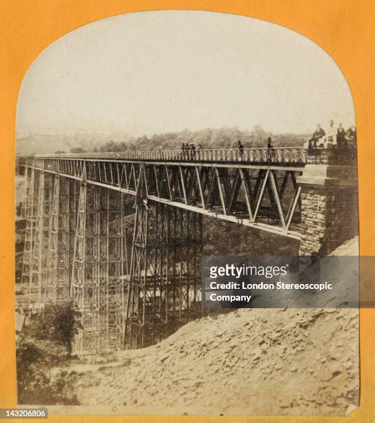 Stereoscopic image of the Crumlin Viaduct during its construction in South Wales, seen from the south-east bank, 1856. Work began on the railway...