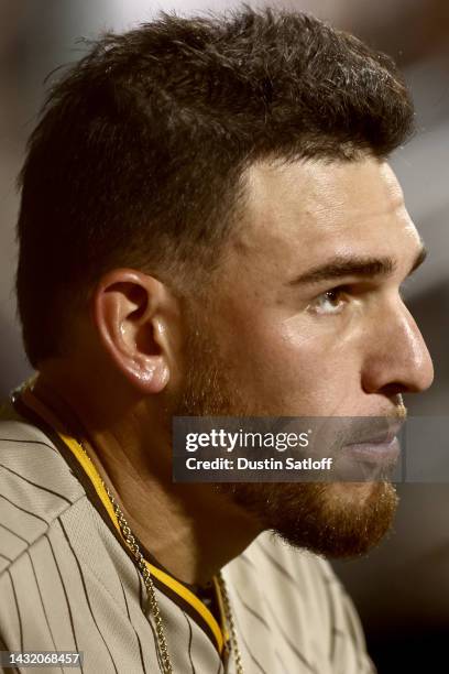Joe Musgrove of the San Diego Padres looks on from the dugout against the New York Mets during the seventh inning in game three of the National...
