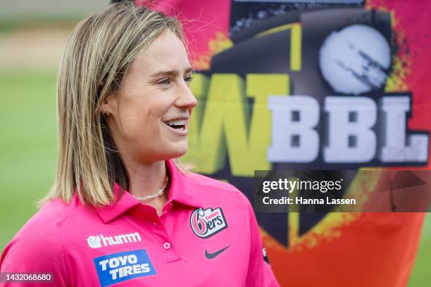 Ellyse Perry of the Sixers speaks to the media during the Women's Big Bash League Cricket Season Launch at North Sydney Oval on October 10, 2022 in...