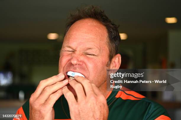 Former rugby player Josh Kronfeld wears and test a Prevent Biometrics mouthguar which measure the effects of head impact is placed in hot water ready...