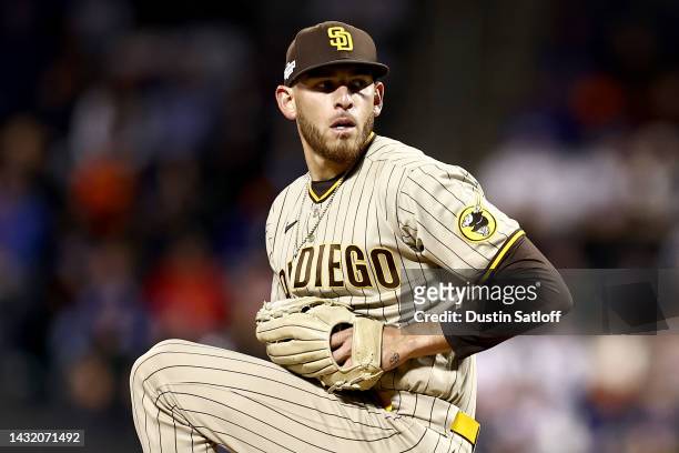 Joe Musgrove of the San Diego Padres pitches against the New York Mets during the sixth inning in game three of the National League Wild Card Series...