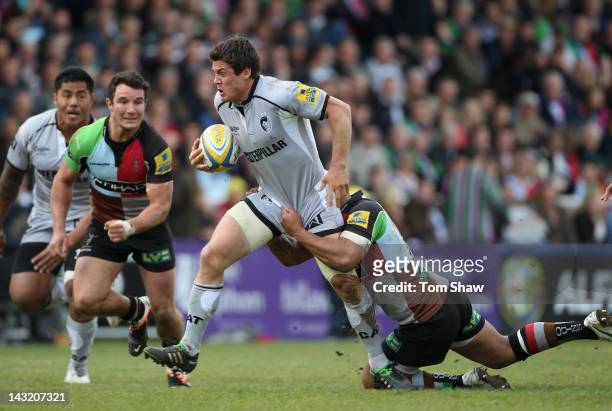 Anthony Allen of Leicester is tackled during the Aviva Premiership match between Harlequins and Leicester Tigers at Twickenham Stoop on April 21,...