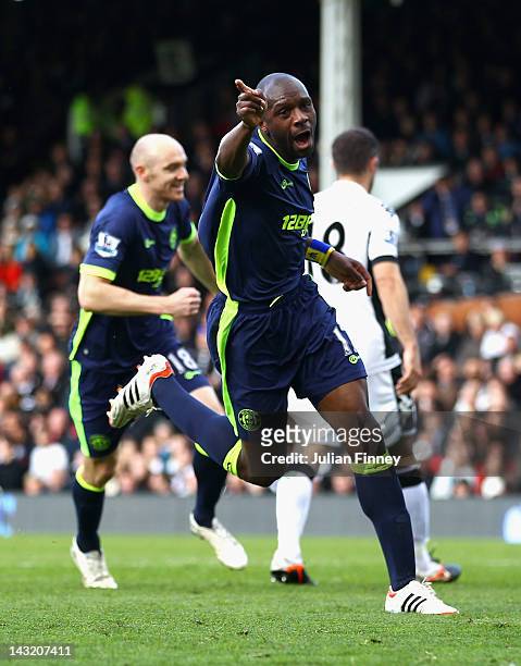 Emmerson Boyce of Wigan Athletic celebrates scoring his side's first goal during the Barclays Premier League match between Fulham and Wigan Athletic...
