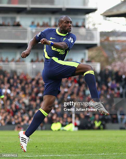 Emmerson Boyce of Wigan Athletic scores his side's first goal during the Barclays Premier League match between Fulham and Wigan Athletic at Craven...