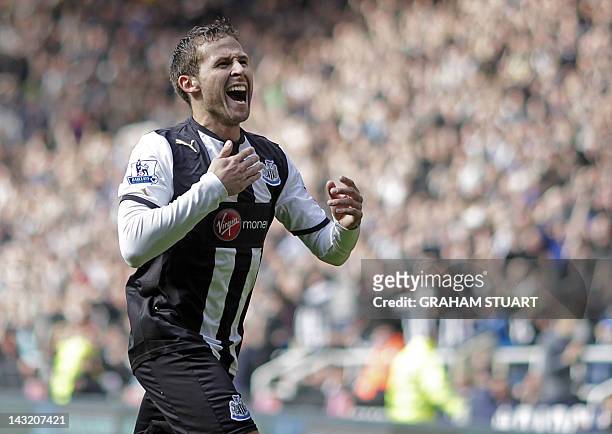 Newcastle United's French midfielder Yohan Cabaye celebrates scoring his second goal during the English Premier League football match between...