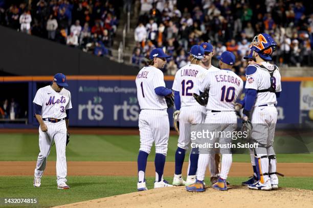 Edwin Diaz of the New York Mets takes the mound during the eighth inning against the San Diego Padres in game three of the National League Wild Card...