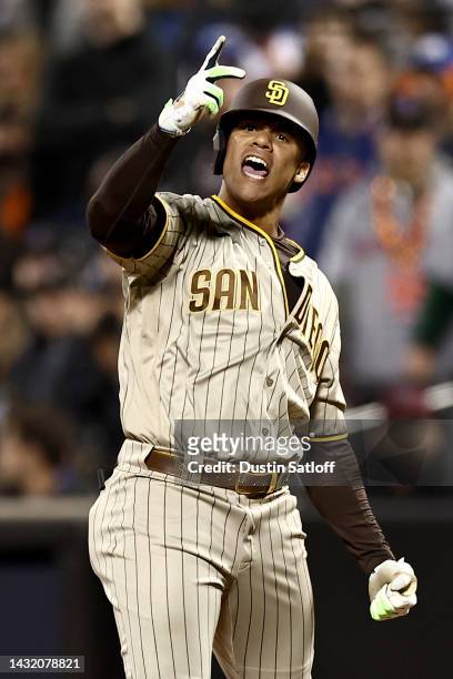 Juan Soto of the San Diego Padres celebrates after hitting a 2 run RBI single against the New York Mets during the eighth inning in game three of the...