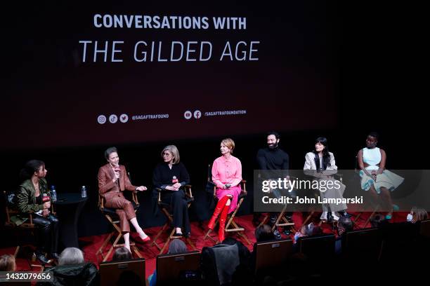 Moderator Felicia Fitzpatrick and Carrie Coon, Christine Baranski, Cynthia Nixon, Morgan Spector, Louisa Jacobson and Denee Benton speak during the...