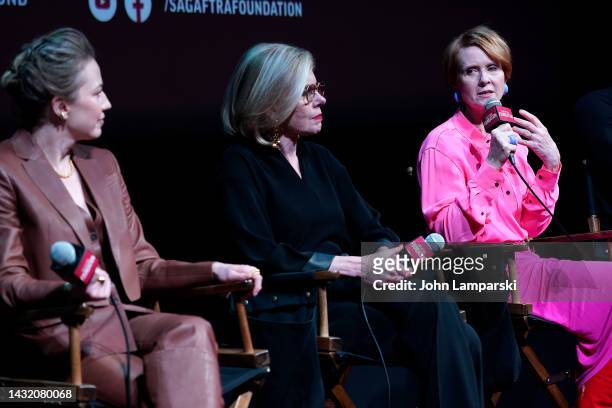 Carrie Coon, Christine Baranski and Cynthia Nixon speak during the SAG-AFTRA Foundation's "The Gilded Age" discussion at The Robin Williams Center on...