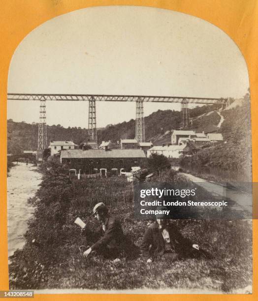 Stereoscopic image of the Crumlin Viaduct during its construction over the village of Crumlin in South Wales, seen from the south, 1856. The Ebbw...