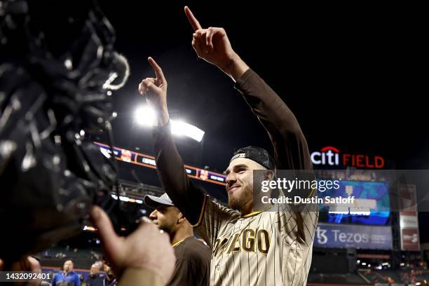 Joe Musgrove of the San Diego Padres celebrates after defeating the New York Mets in game three to win the National League Wild Card Series at Citi...