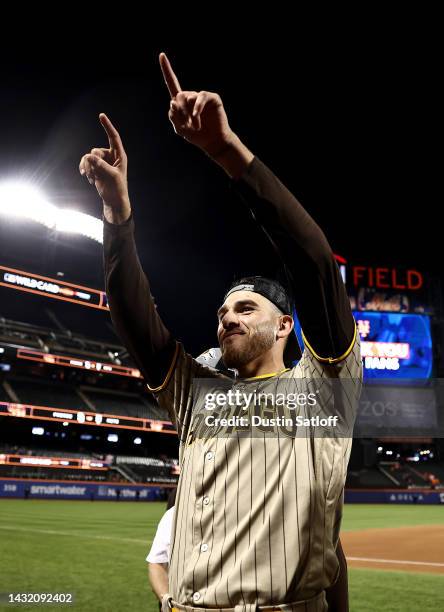 Joe Musgrove of the San Diego Padres celebrates after defeating the New York Mets in game three to win the National League Wild Card Series at Citi...