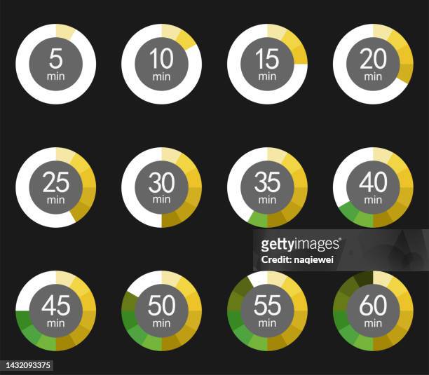 vector time progress pie infographic elements counting down second clock stopwatch bar indicator chart circle set isolated on black background illustration - speed limit sign stock illustrations