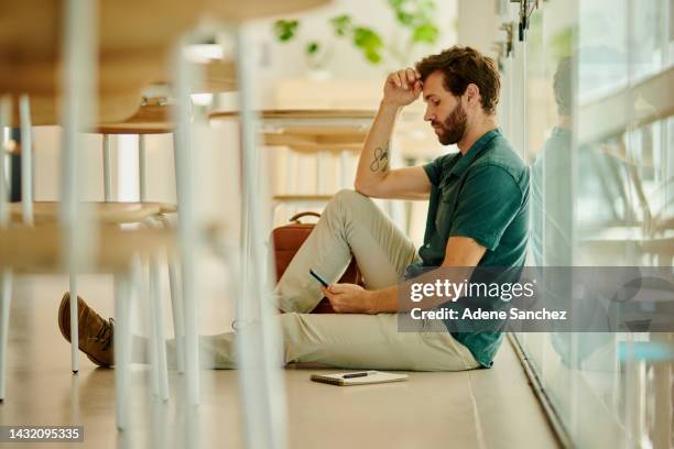 depression, fail or anxiety university student on floor thinking of mistake, exam report stress, university debt or learning mistake. sad, depressed and burnout college man with mental health problem - nederlaag stockfoto's en -beelden