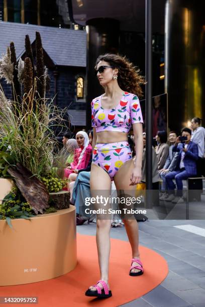 Model showcases designs by Gorman during the Urban Garden Runway at Wesley Place on October 10, 2022 in Melbourne, Australia.