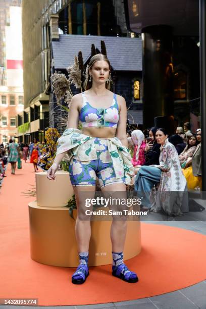 Model showcases designs by Gorman during the Urban Garden Runway at Wesley Place on October 10, 2022 in Melbourne, Australia.