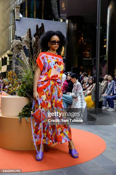 Model showcases designs by Gorman during the Urban Garden Runway at Wesley Place on October 10, 2022 in Melbourne, Australia.