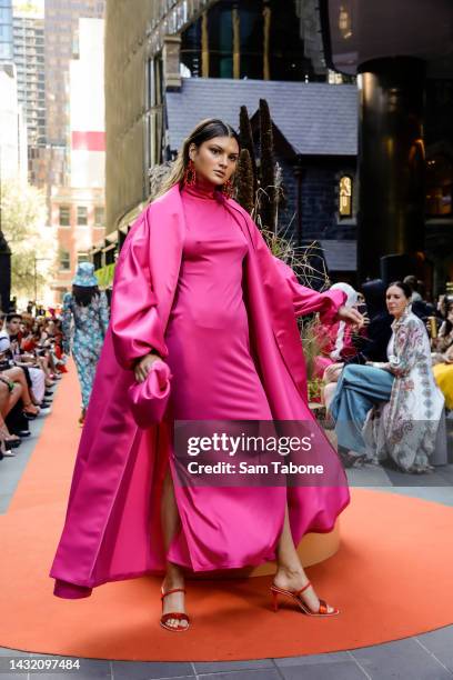 Model showcases designs by Asiyam during the Urban Garden Runway at Wesley Place on October 10, 2022 in Melbourne, Australia.