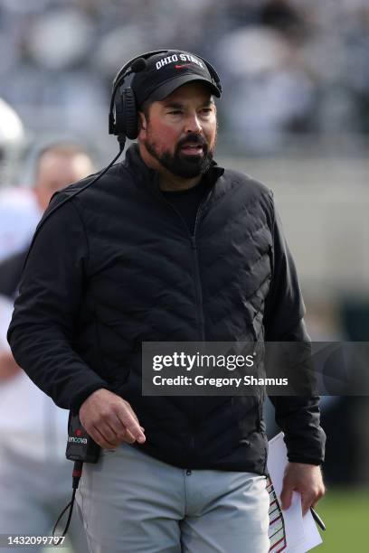 Head coach Ryan Day of the Ohio State Buckeyes reacts in the first half while playing the Michigan State Spartans at Spartan Stadium on October 08,...