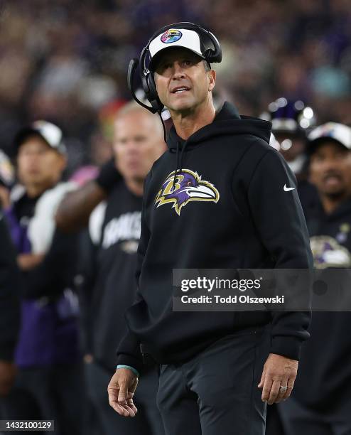 Head coach John Harbaugh of the Baltimore Ravens reacts in the third quarter against the Cincinnati Bengals at M&T Bank Stadium on October 09, 2022...