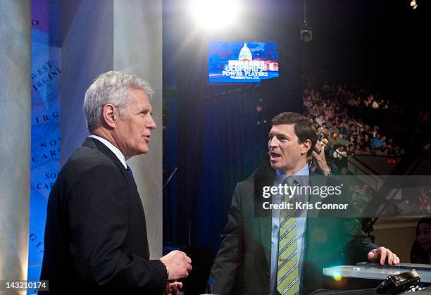 Alex Trebek and David Faber speak during a rehearsal before a taping of Jeopardy! Power Players Week at DAR Constitution Hall on April 21, 2012 in...