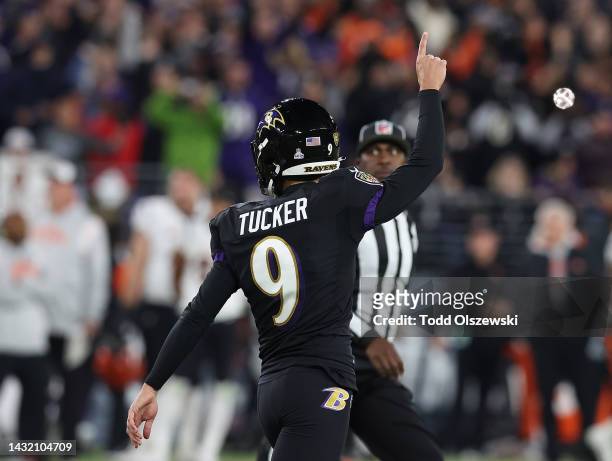 Justin Tucker of the Baltimore Ravens reacts after kicking the game-winning field goal as time expires against the Cincinnati Bengals at M&T Bank...