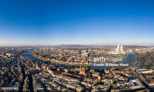 basel city aerial panorama in switzerland - bale stock-fotos und bilder