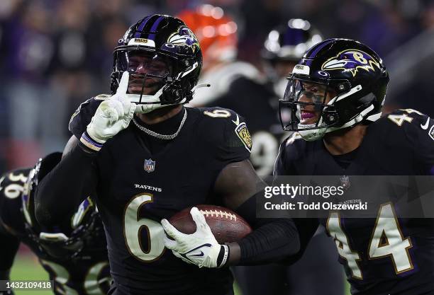 Patrick Queen of the Baltimore Ravens reacts after an interception in the third quarter against the Cincinnati Bengals at M&T Bank Stadium on October...