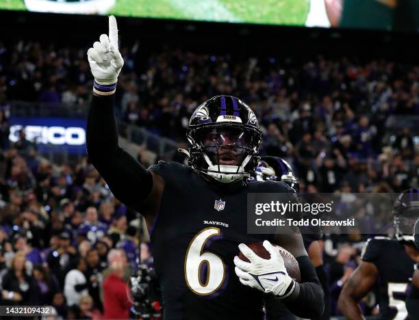 Patrick Queen of the Baltimore Ravens reacts after an interception in the third quarter against the Cincinnati Bengals at M&T Bank Stadium on October...