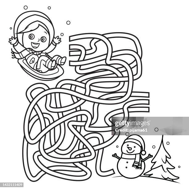 black and white, maze game for children. little girl sledding in winter. puzzle. - winter sport vector stock illustrations