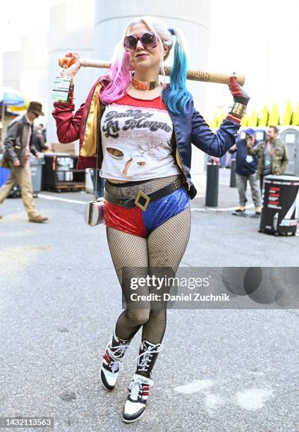 Cosplayer poses as Harley Quinn during day 4 of New York Comic Con on October 09, 2022 in New York City.