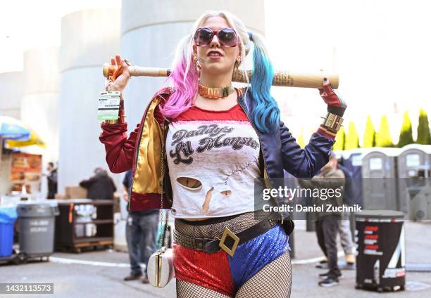 Cosplayer poses as Harley Quinn during day 4 of New York Comic Con on October 09, 2022 in New York City.