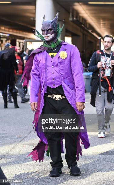Cosplayer poses as a Batman and Joker hybrid during day 4 of New York Comic Con on October 09, 2022 in New York City.