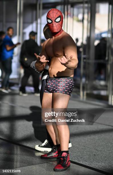 Cosplayer poses as Spiderman during day 4 of New York Comic Con on October 09, 2022 in New York City.