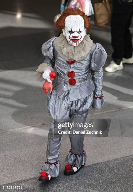 Cosplayer dressed as Pennywise is seen during day 4 of New York Comic Con on October 09, 2022 in New York City.