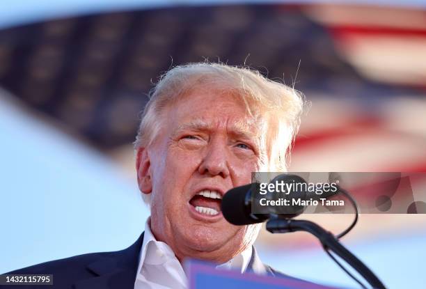 Former U.S. President Donald Trump speaks at a campaign rally at Legacy Sports USA on October 09, 2022 in Mesa, Arizona. Trump was stumping for...
