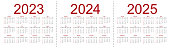 Simple editable vector calendars for year 2023 2024 2025. Week starts from Sunday