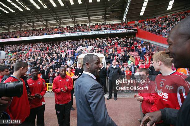 Charlton Athletic's manager Chris Powell celebrates his side’s victory over Wycombe Wanderers at The Valley which sees them win the npower League One...