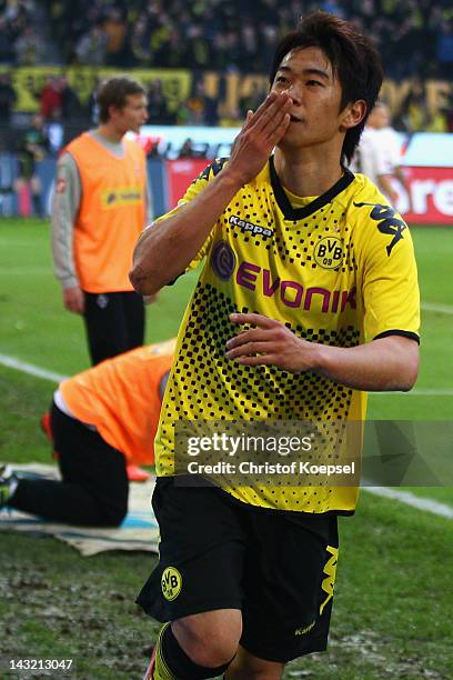 Shinji Kagawa of Dortmund celebrates the second goal during the 1. Bundesliga match between Borussia Dortmund an Borussia Moenchengladbach at Signal...