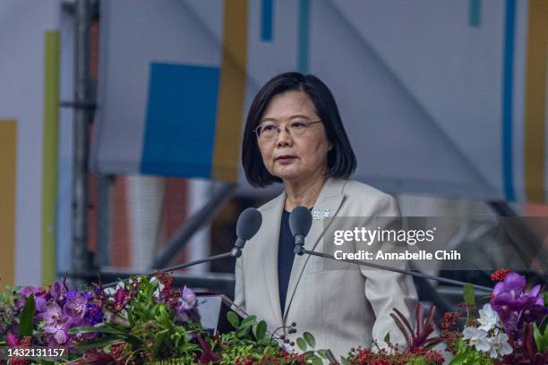 Taiwan's President Tsai Ing-wen gives a speech on the Taiwan's National Day on October 10, 2022 in Taipei, Taiwan. Taiwan playing a significant role...