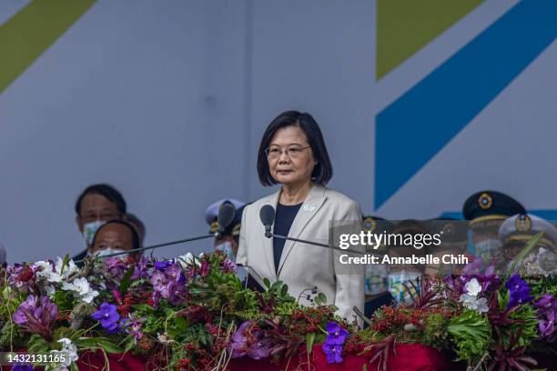 Taiwan's President Tsai Ing-wen gives a speech on the Taiwan's National Day on October 10, 2022 in Taipei, Taiwan. Taiwan playing a significant role...