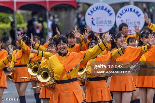 Performers wave at the audience during the Taiwan's National Day on October 10, 2022 in Taipei, Taiwan. Taiwan playing a significant role in global...