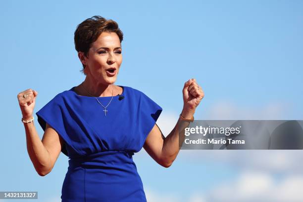 Arizona Republican nominee for governor Kari Lake speaks during a campaign rally attended by former U.S. President Donald Trump at Legacy Sports USA...