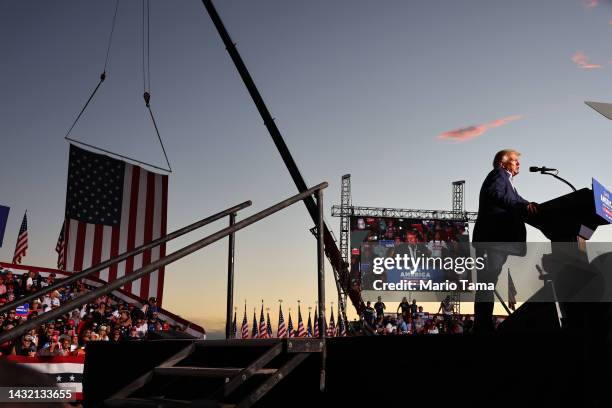 Former U.S. President Donald Trump speaks during a campaign rally at Legacy Sports USA on October 09, 2022 in Mesa, Arizona. Trump was stumping for...
